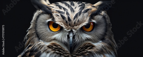 Owl eyes detial. Predator bird look close up.