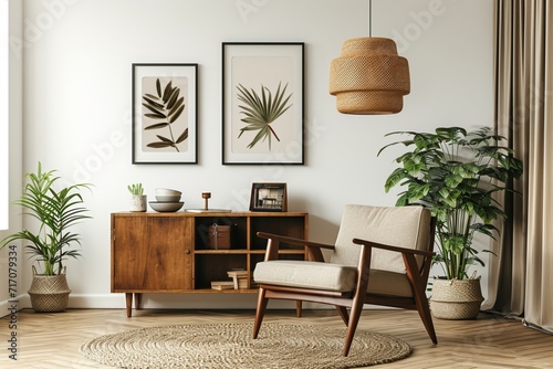 Standard or Extended Stylish interior of living room with design brown armchair, wooden bookcase, pendant lamp, carpet decor, picture frames and elegant personal accessories in modern retro home decor photo