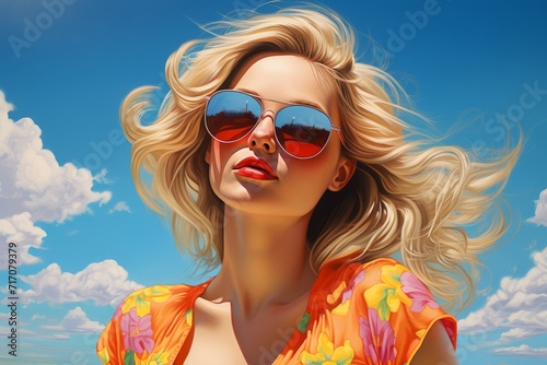 Portrait of a beautiful young blonde girl wearing sunglasses, illustration