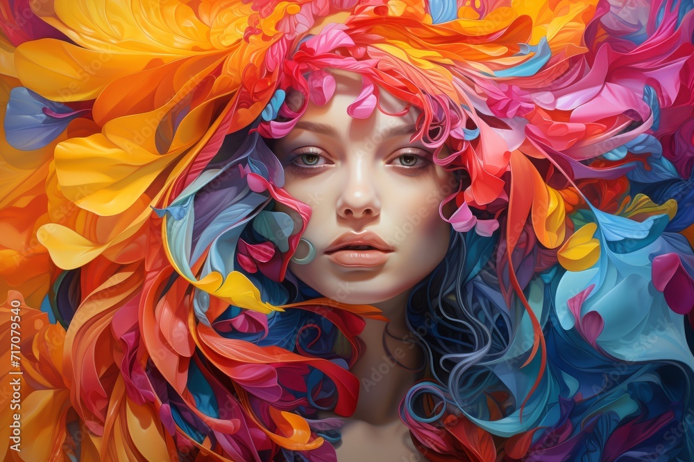 Abstract futuristic portrait of a beautiful young girl with colorful flowers Abstract futuristic portrait of a beautiful young girl with colorful flowers