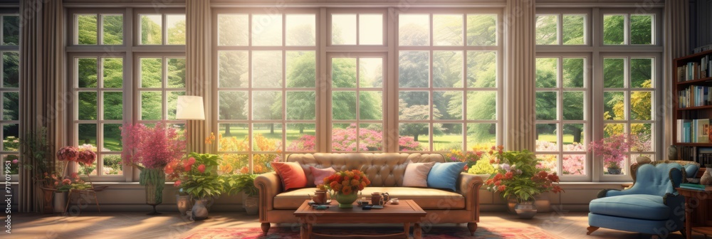 Living room with large French windows overlooking the garden, summer time, cozy living room in pastel colors, banner