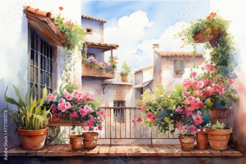 Hobby and leisure, watercolor illustration of a beautiful balcony or terrace decorated with various potted flowers