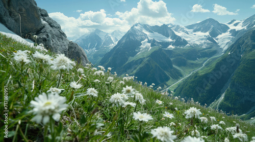 A captivating scene featuring the Edelweiss blossom of the alpine mountains