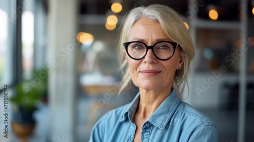 Happy smiling business woman with black framed glasses in an office. Teamwork , success concept, copy space.