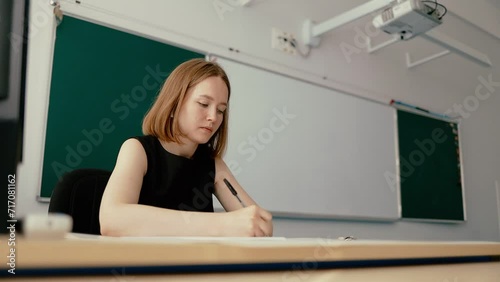 Young female teacher at school writes in a notebook