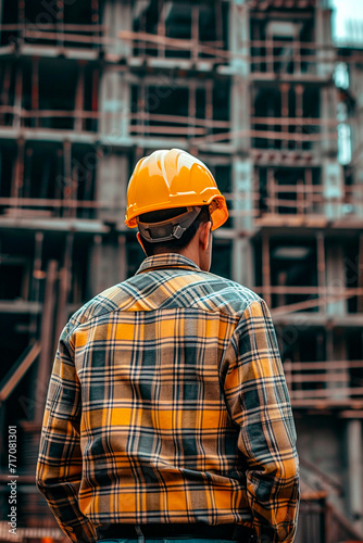 A foreman in a helmet looks at the construction site. Selective focus.