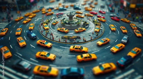 Fotografering blurred photos of yellow taxi cabs in a circular intersection, in the style of m