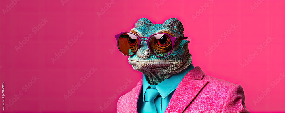Fototapeta premium Funny lizard wearing a pink suit and glasses on red pink background.