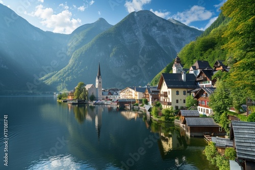 Hallstat village in the Austria. Beautiful village in the mountain valley near lake. Mountains landscape and old town. Travel - Austria