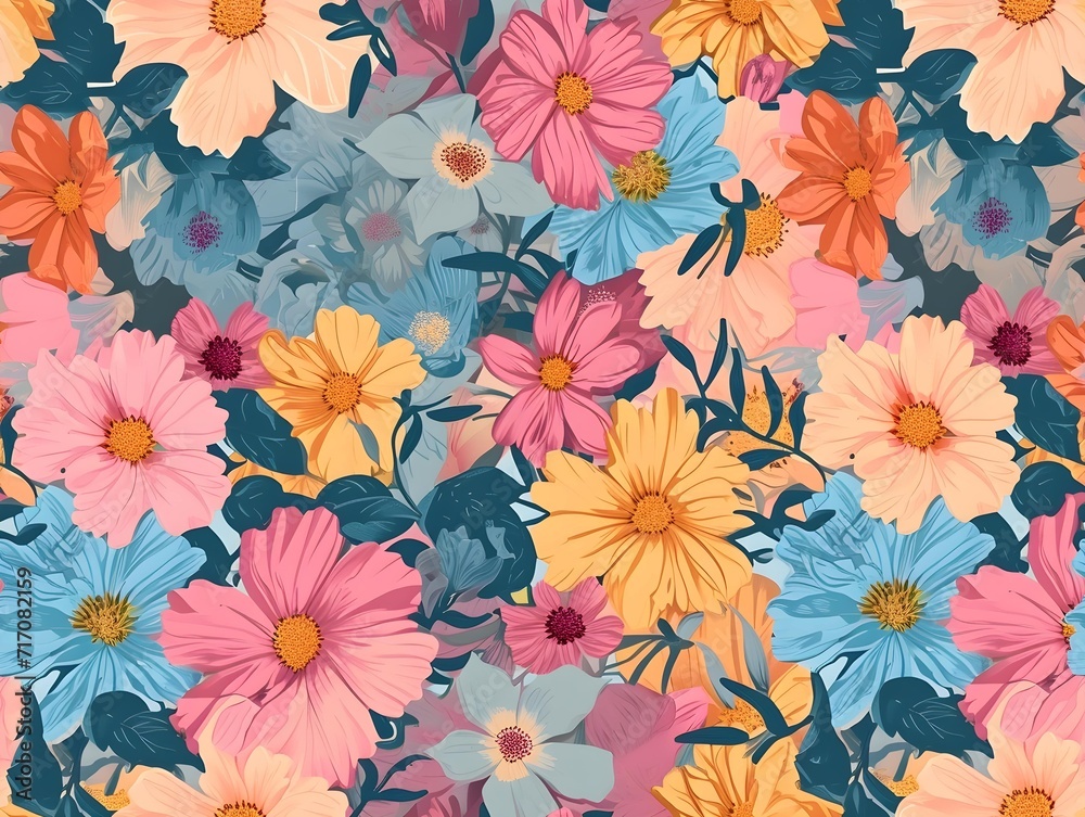 Seamless pattern of flowers with pink blue and orange background. Pink flowers background