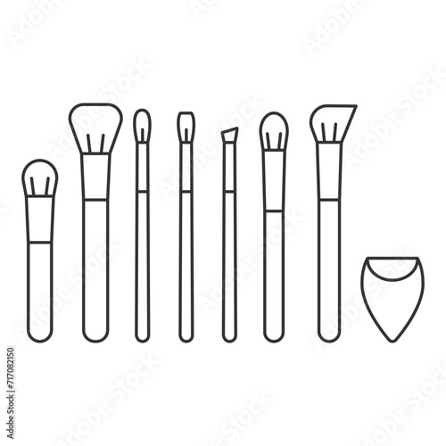 Makeup brushes kit, isolated on white background.Various types of cosmetic brushes and sponge for foundation, concealer.Editable stroke vector illustration eps10. 