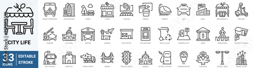 City life web line icons. Infrastructure. taxis, subways, buildings, apartments, shopping. Vector illustration