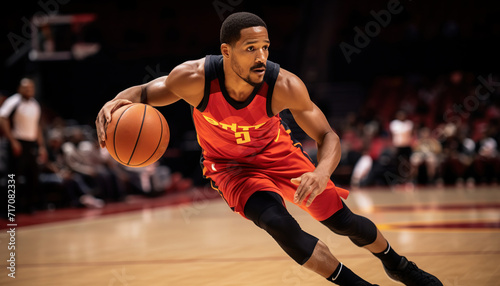 Black basketball player on the court during a game wearing a red uniform --ar 7:4 --style raw Job ID: 5c202385-5033-4b30-8c76-89d33e7e1f46