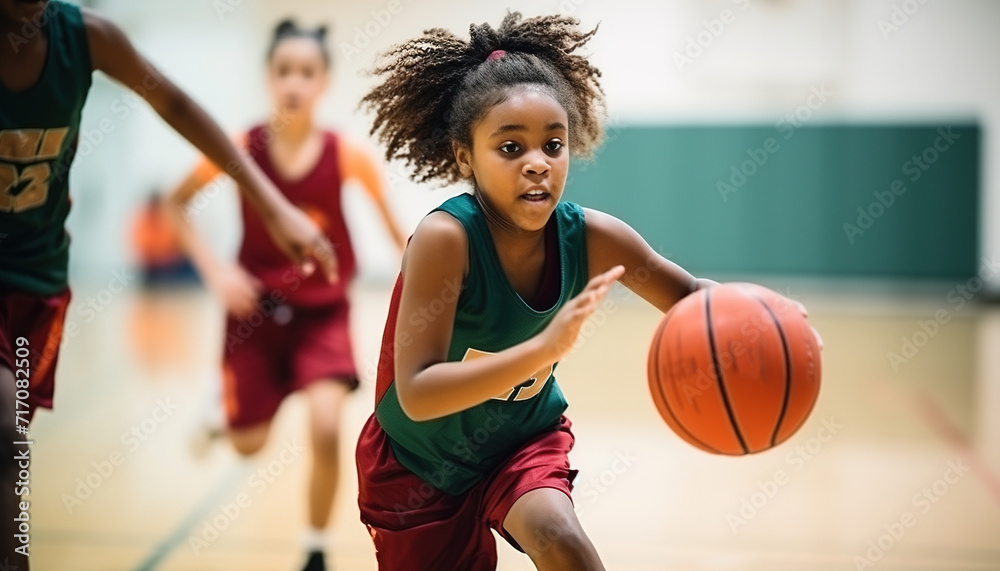 Black girl basketball player on the court during a game wearing a red uniform. Sport, game, basket, sporty, competition, desire to win, AI. - obrazy, fototapety, plakaty 