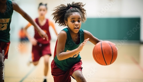 Black girl basketball player on the court during a game wearing a red uniform. Sport, game, basket, sporty, competition, desire to win, AI. © Flying Fred