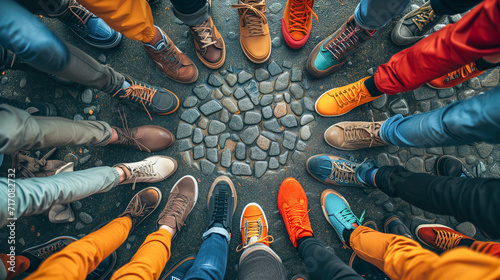 Top view of colorful shoes forming a circle on a cobblestone surface, signifying unity in diversity