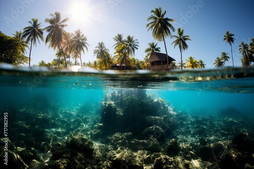 Tropical island paradise. split-view, hut, and diverse underwater fish © sorin