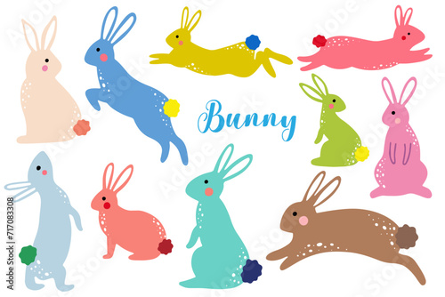 Set of colored folk art rabbits, vector flat illustration, isolated elements on white background.