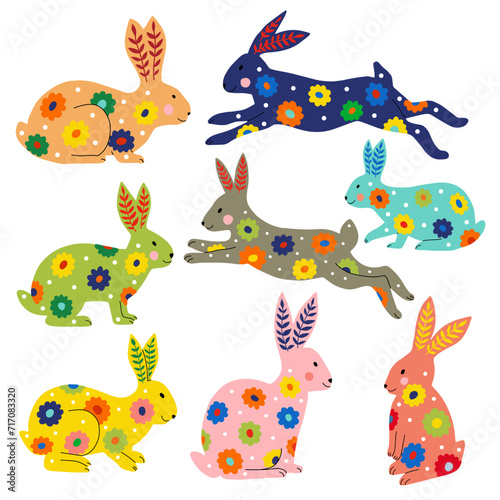 Set of colored folk art rabbits, vector flat illustration, isolated elements on white background.