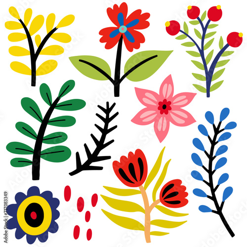 Folk art flowers set, vector flat illustration, isolated elements on white background.
