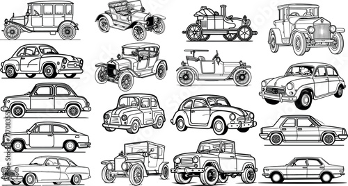 Set of Vintage Retro classic Cars Handmade Sketch. Antique car drawing great set collection clip art Silhouette, Black vector illustration on white background V2.