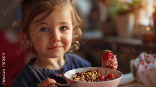 Child eating a  a   in bowl with crunchy granola and fresh fruits smearing himself with fun.