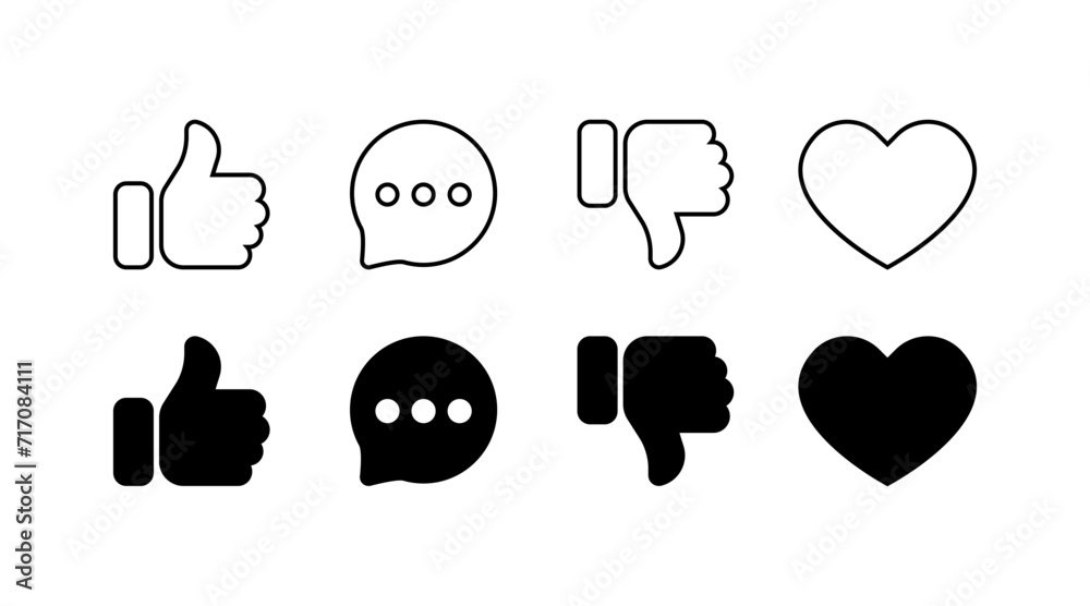 Social media icon set. Like, speech bubble, dislike, heart icons. Linear and silhouette style. Vector icons