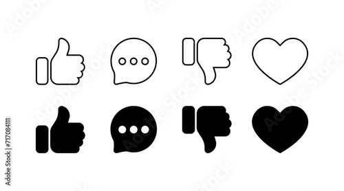 Social media icon set. Like, speech bubble, dislike, heart icons. Linear and silhouette style. Vector icons