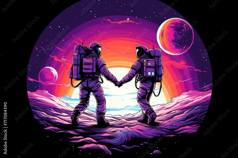 Couple of astronauts on the background of the moon, Vector illustration, Ai Generated