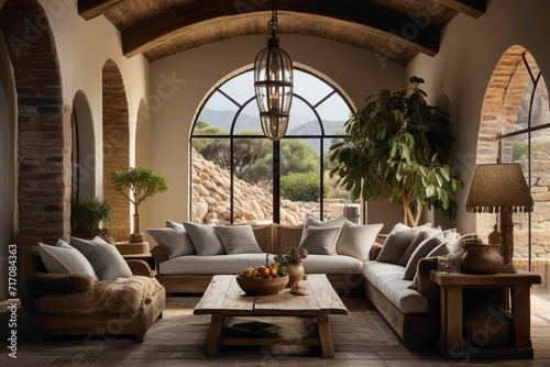 Picture the beauty of a modern rustic entrance hall in a farmhouse, adorned with a timber beam ceiling and an arched door. 