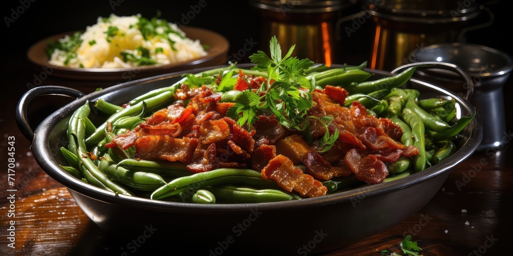 Down-Home Delight: Southern-Style Green Beans Charm. Slow-Cooked, Infused with Smoky Bacon, a Side Dish Culinary Symphony
