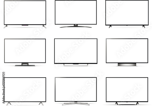 TV mockup set with blank screen. Realistic TVs, with different legs for horizontal surfaces. Modern smart tv display mockup. Various vector televisions.
