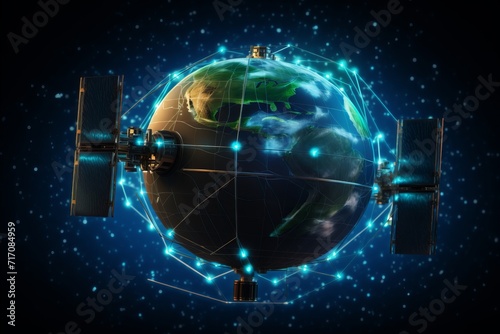 Futuristic telecom satellite orbiting earth with holographic data for online connectivity