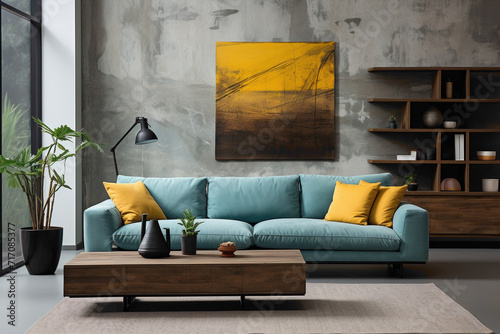 Step into a minimalist oasis where a turquoise sofa graces a modern living room near a window against a chic concrete wall. 