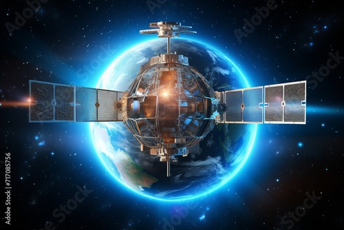Telecom satellite. global connectivity and gps services with futuristic hologram information © sorin