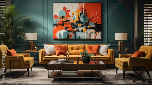 Step into a well-designed living room with a green sofa and complementary orange chairs positioned against a wall featuring an artfully displayed poster frame. 