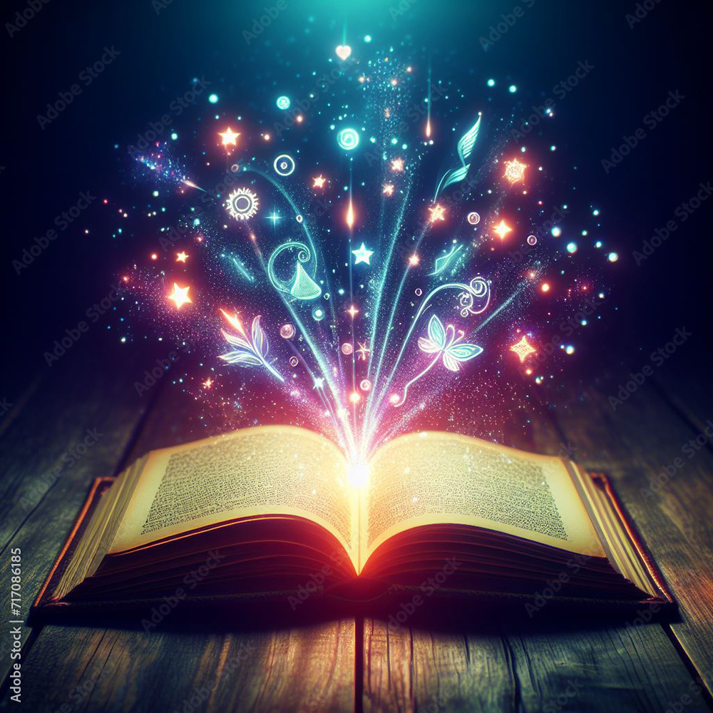 Open glowing neon magic book lying on the table. Illustration created using ai tools. Open glowing neon magic book lying on the table. Illustration created using ai tools.