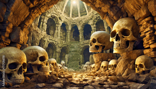 Mystical temple complex with skulls