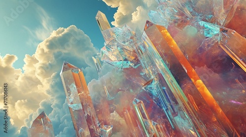 Abstract crystalline structures floating in a surreal, digital dreamscape