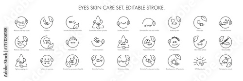 Eye skin care area icon pack set for patch, cream, mask cosmetic and beauty product, ophthalmology clinic, web, packaging. Vector stock illustration isolated on white background. Editable stroke.