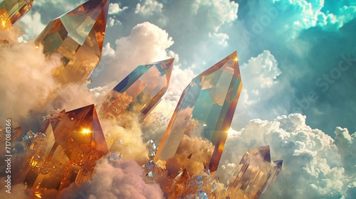 Abstract crystalline structures floating in a surreal, digital dreamscape