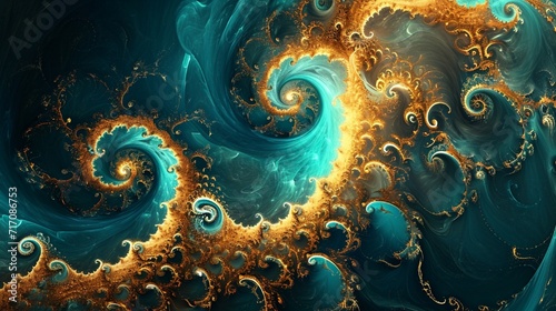 Abstract symphony of golden spirals intertwining with azure waves