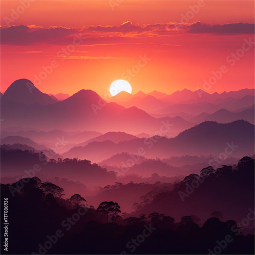 vector illustration of a sunset over mountains, with a warm orange and red sky and dark silhouettes of forests,IA generated 