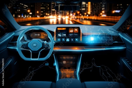 Futuristic car dashboard. autonomous hud, hologram screens, and infotainment system