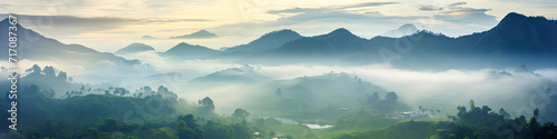 Mountains panorama with coluds and fog. banner © Alena