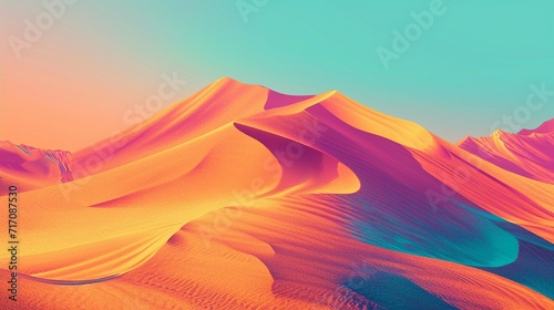 A digital desert landscape with wavy dunes of shimmering sand, painted in a surreal and vibrant color palette