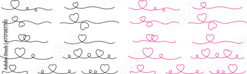Heart lines bundle hand drawn doodle love black or pink color icon set isolated on transparent background. Vector collection for valentine day invitation or greeting card drawn design text divider.