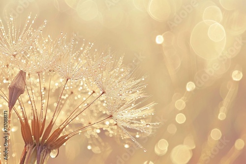 Generative AI : Dandelion Seeds in the drops of dew on a beautiful blurred background Dandelions on a beautiful pastel background Water drops sparkle on the dandelion Of Silver drops on a beige backgr
