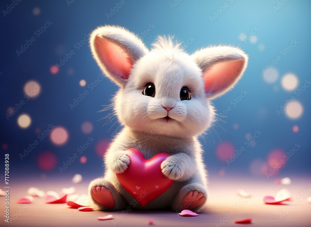 Fototapeta premium Little cute bunny holding a love heart. Illustration for Valentine's Day. 