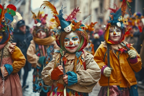 groupe d'enfant qui parade dans la rue pour Mardi-gras